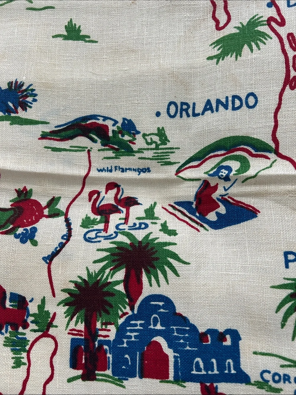 Vintage Florida souvenir Map card table cloth with Palm & Cactus Motif